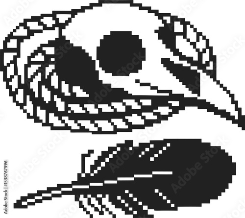 Pixel art bird skull and feather illustration monochrome animal remains, nature, rustic tattoo design, minimal retro concept
