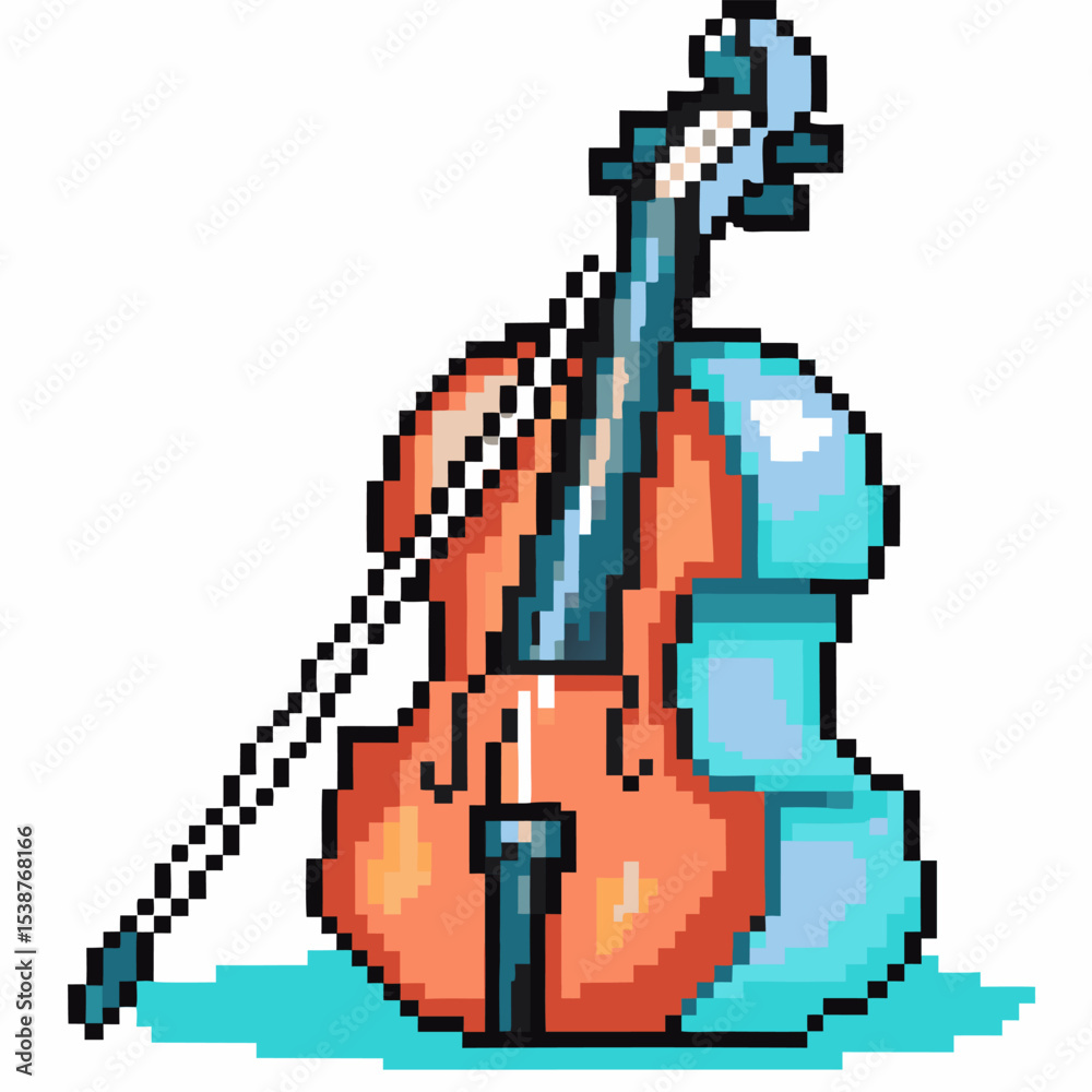Fototapeta premium Pixel art cello and bow retro digital string instrument illustration, music concept, classical sound, 8 bit vintage