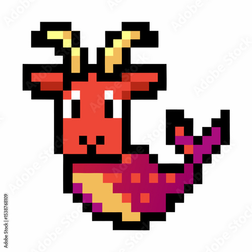 Pixel art mythical chimera creature with goat head, yellow horns, and mermaid tail in vibrant retro style, isolated on white