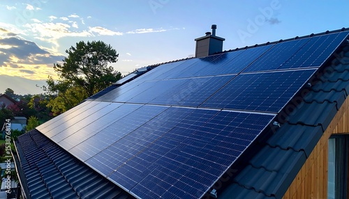 Solar Panels on Residential Roof with Green Energy  Sustainability, and Sunset Background.