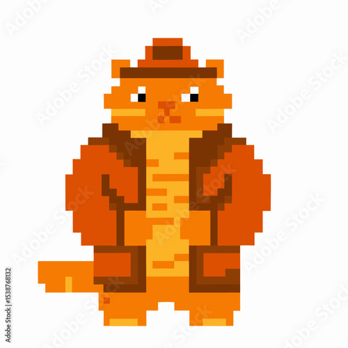 Pixel art orange cat detective in trench coat and hat standing upright, retro animal character, mystery theme