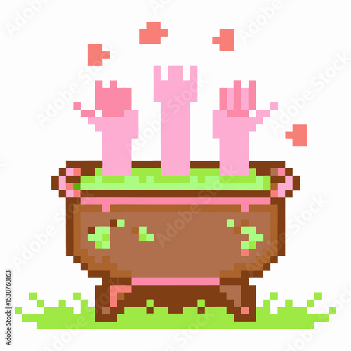 Pixel art cauldron bubbling with green potion and rising pink hands retro fantasy game magic, witchcraft, alchemy concept