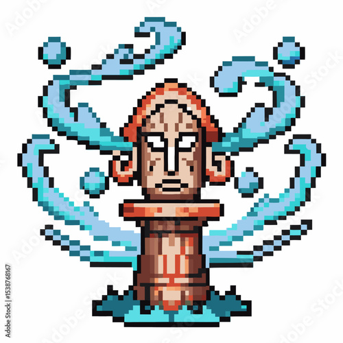 Ancient stone statue with mystical water energy in pixel art retro fantasy sculpture, magical power flowing around