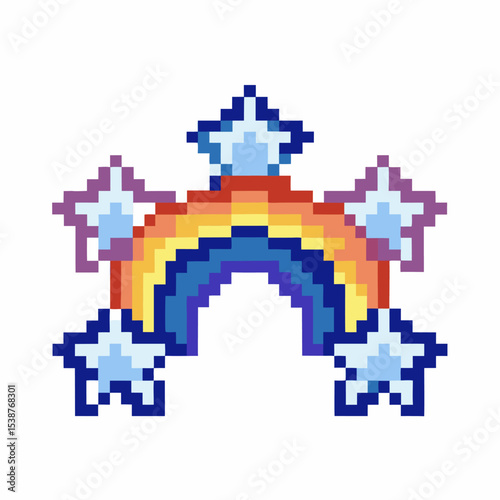 Pixel art rainbow and stars colorful retro digital illustration, cheerful 8 bit design, playful arc and sparkling cosmic elements