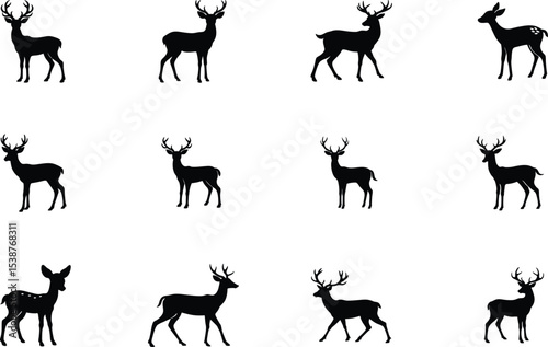 Graceful group of beautiful deer shown in artistic form on white background silhouette Vector set