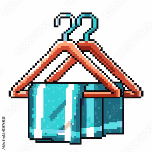 Pixel art wooden clothes hangers holding turquoise towels, minimal clean style, laundry and home organization concept