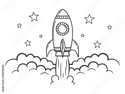Rocket launch. Black and white vector illustration for coloring book