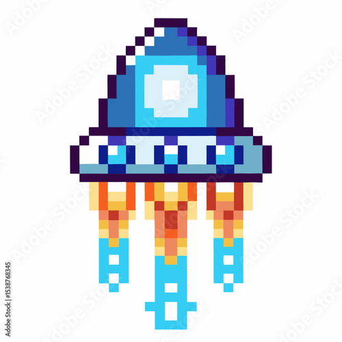 Pixel art blue spaceship launching with glowing thrusters, retro 8 bit design, futuristic sci fi concept