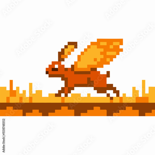 Pixel art winged rabbit running on ground in fiery orange landscape retro 8 bit video game animal sprite character