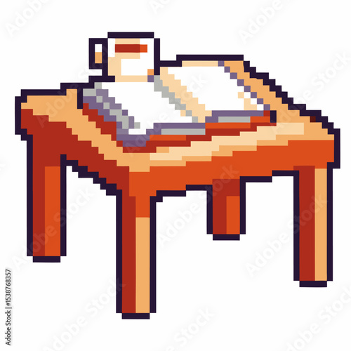 Pixel art open book and coffee mug on wooden table cozy reading scene, retro style, relaxing leisure at home interior
