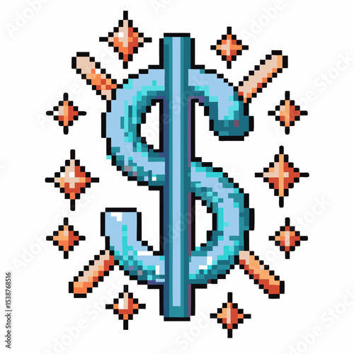 Pixel art dollar symbol with sparkling golden stars retro video game bright blue money icon, finance success concept