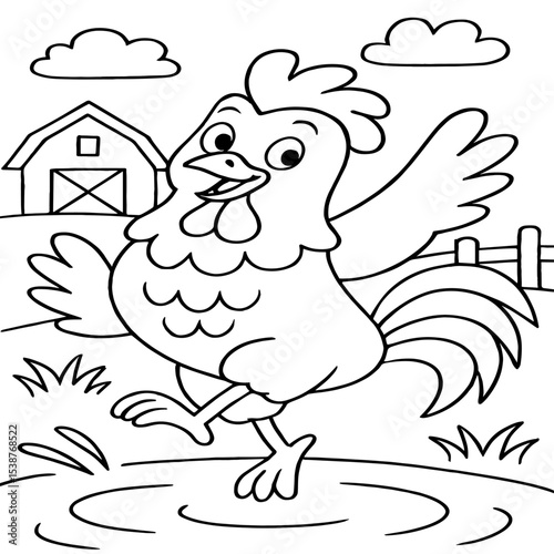 A lively cartoon rooster joyfully dances in the farmyard, drawn in a playful black-and-white outline for coloring.