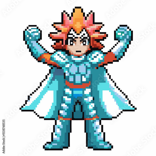 Retro pixel art superhero character with red hair, blue costume, metallic armor, and cape, arms raised in victory