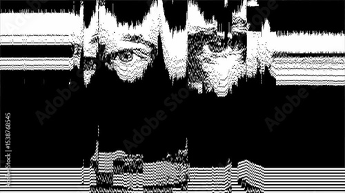 Dithered Greyscale Concept Trailer Featuring Distorted Human Faces Eyes Noisy Texture Black Background Horizontal Lines