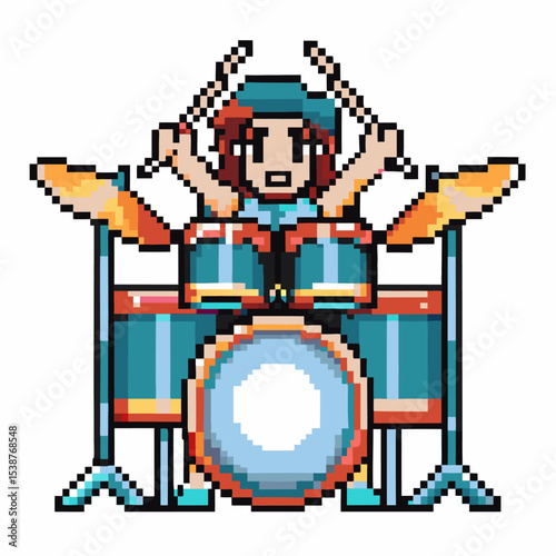 Pixel art drummer playing drum kit, energetic musician performing music with drumsticks, retro arcade illustration