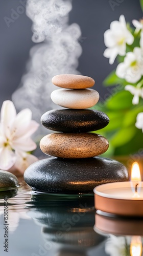 Stacked stones, flowers, candle, and steam evoke tranquility