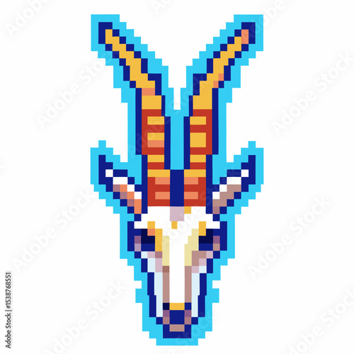 Pixel art antelope head with detailed abstract geometric shapes, colorful horns, stylized wild animal illustration