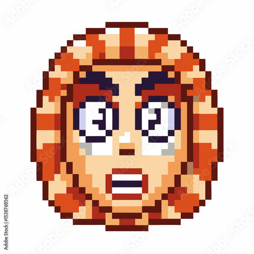 Retro pixel art surprised face emoji with wide open eyes and mouth, comic expression, digital 8 bit character emotion icon