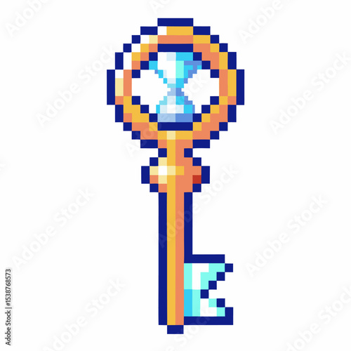 Retro pixel art golden key with hourglass symbol vintage digital icon, time concept, isolated on white background