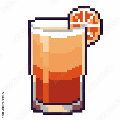 Pixel art orange cocktail glass with citrus slice garnish retro drink, pixel beverage illustration on white background