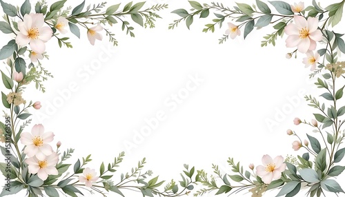 Vintage floral border with soft pastel roses, peonies, and leaves on white background. Perfect for wedding invitations, greeting cards, and elegant designs with space for text in the center.