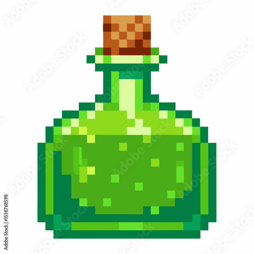 Pixel art green potion bottle with cork stopper retro digital elixir, classic game health or mana magic vial isolated