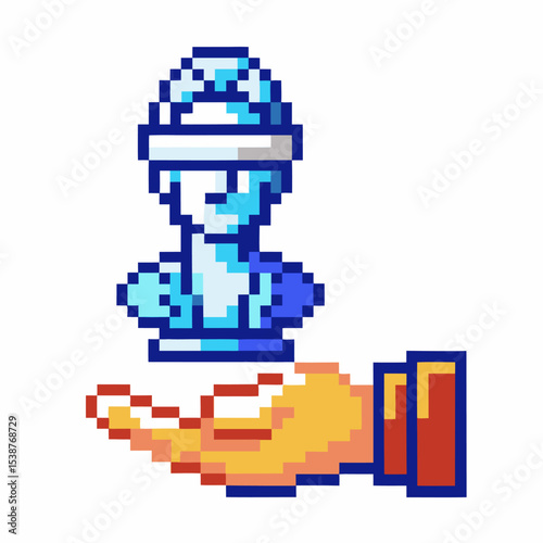 Pixel art hand holding glass chess queen piece, digital retro gaming strategy concept, pixelated isolated illustration