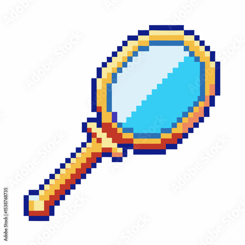 Retro magnifying glass icon, pixel art with golden handle and blue lens vintage search tool isolated on white background