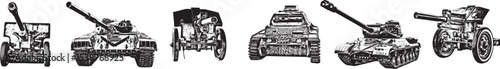 Tanks and Artillery Vectors, Black and White Illustrations.