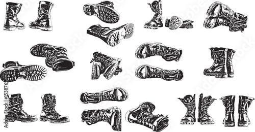 Black and White Boots Pattern Vector Illustration.