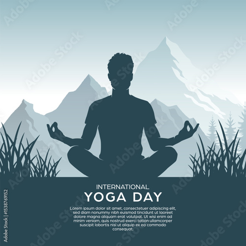 International yoga day social media post background, square banner of silhouette a man doing yoga pose meditation with snowy mountains background with copy space template