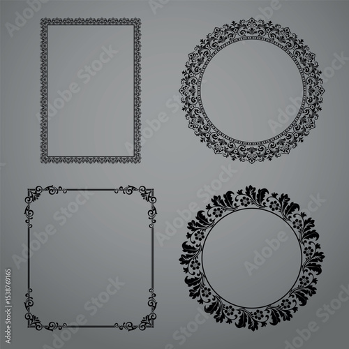 Set of decorative frames Elegant vector element for design in Eastern style, place for text. Floral black and gray borders. Lace illustration for invitations and greeting cards