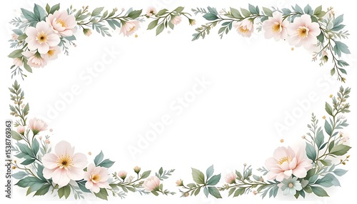 Vintage floral border with soft pastel roses, peonies, and leaves on white background. Perfect for wedding invitations, greeting cards, and elegant designs with space for text in the center.
