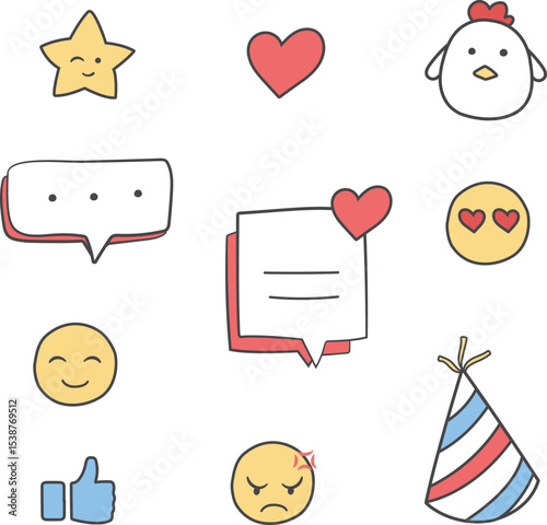 Cute sns emoji and emoticon doodles vector illustration. Clipart of like, love, party, star, bubble chat isolated hand drawn cartoon for asset, material, design, decoration