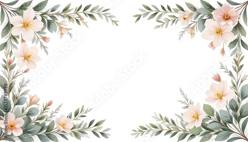 Vintage floral border with soft pastel roses, peonies, and leaves on white background. Perfect for wedding invitations, greeting cards, and elegant designs with space for text in the center.