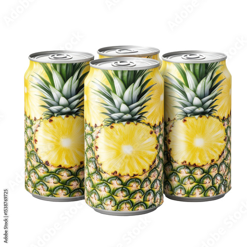 Refreshing Pineapple-Flavored Beverage Cans in a Four-Pack with Vibrant Tropical Design on transparent background