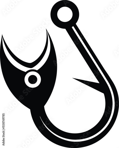 Stylized fishing hook with a fish silhouette and simple black and white design