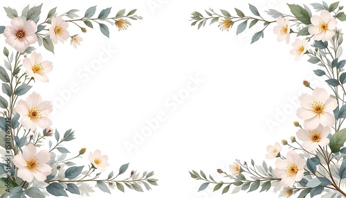 Vintage floral border with soft pastel roses, peonies, and leaves on white background. Perfect for wedding invitations, greeting cards, and elegant designs with space for text in the center.