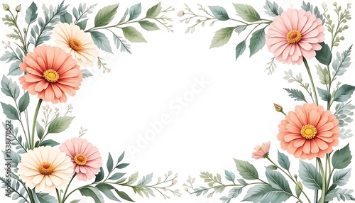 Vintage floral border with soft pastel roses, peonies, and leaves on white background. Perfect for wedding invitations, greeting cards, and elegant designs with space for text in the center.