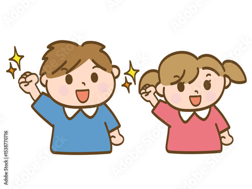 ガッツポーズで気合いをいれる男の子と女の子のイラスト