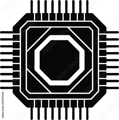 Black and White Graphic of a Central Processing Unit, Silhouette  Computer Chip