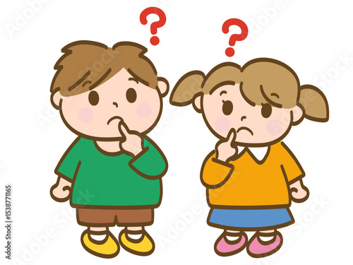 はてなと疑問に思う男の子と女の子の全身イラスト