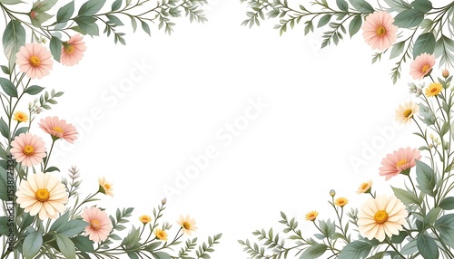 Vintage floral border with soft pastel roses, peonies, and leaves on white background. Perfect for wedding invitations, greeting cards, and elegant designs with space for text in the center.