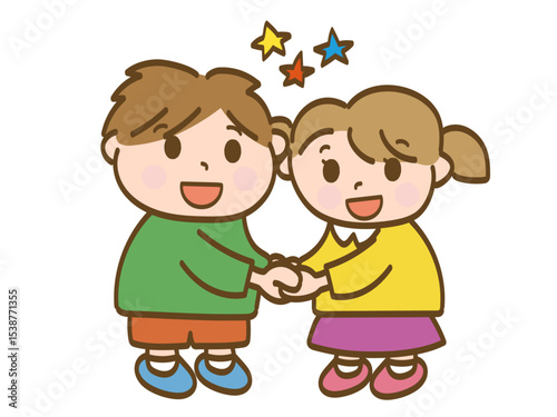 手を繋いで友情を確かめ合う男の子と女の子の全身イラスト