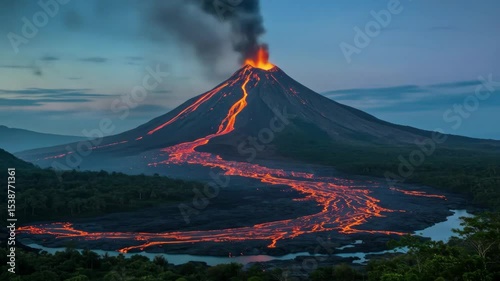 Erupting Volcano at Dusk - A majestic volcano erupts at dusk, sending fiery lava down its slopes and into a nearby body of water.
