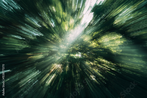 Abstract view of a forest canopy with blurred motion lines creating a sense of speed and movement upwards.