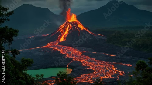 Eruption of a Volcano at Night - A breathtaking view of a volcano erupting at night, with glowing lava flowing down its slopes into a dark, lush landscape.