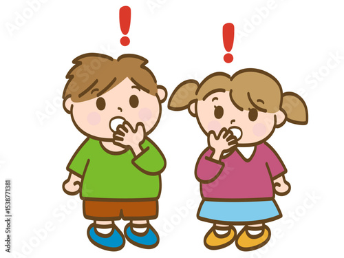 口を塞いでびっくりする男の子と女の子の全身イラスト