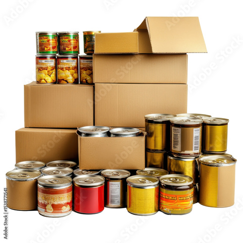 Assorted Canned Goods and Cardboard Boxes in a Well-Organized Food Storage Setting on transparent background