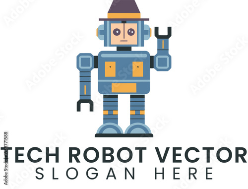 Friendly Retro Robot Vector Illustration Design Technology hat app kid toy cute blue gray wave icon 